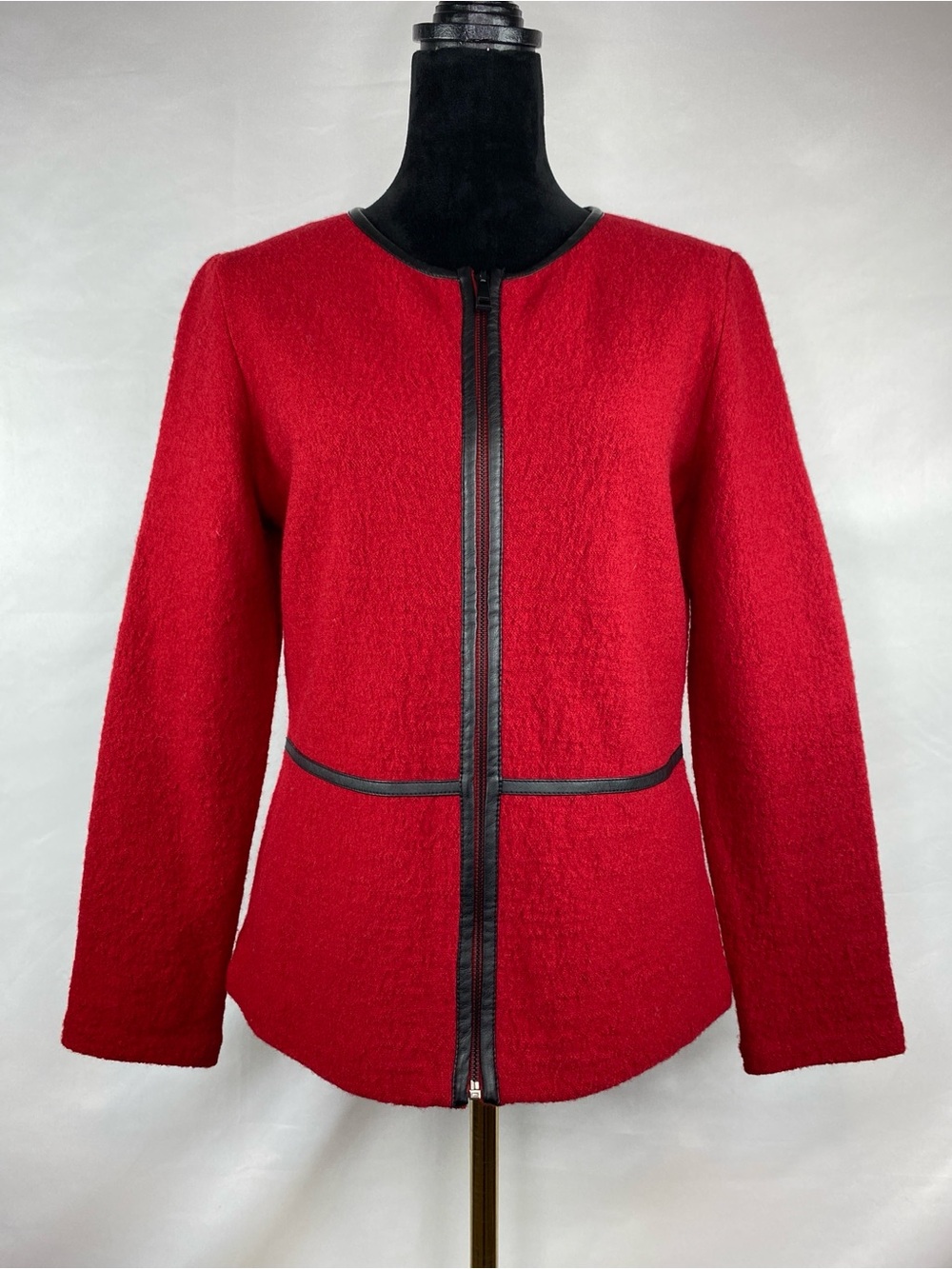 Kasper 100% Wool Red & Black Zip Front Jacket Faux Leather Trim Size Small